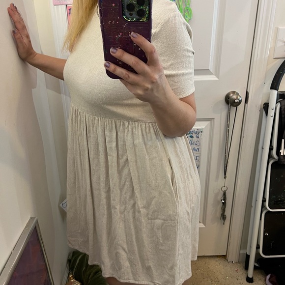 2 POCKET LINEN LOOK DRESS SHORT-SLEEVE M MEDIUM NATURAL NEUTRAL BEIGE - Picture 15 of 15